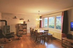 Wohnzimmer mit Kamin, Relaxsessel und großem Esstisch
